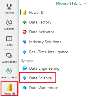 Captura de pantalla del menú del selector de experiencias, que muestra dónde seleccionar Ciencia de datos.