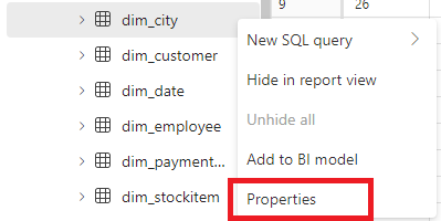 Captura de pantalla en la que se muestra dónde encontrar la opción Propiedades en una tabla seleccionada.