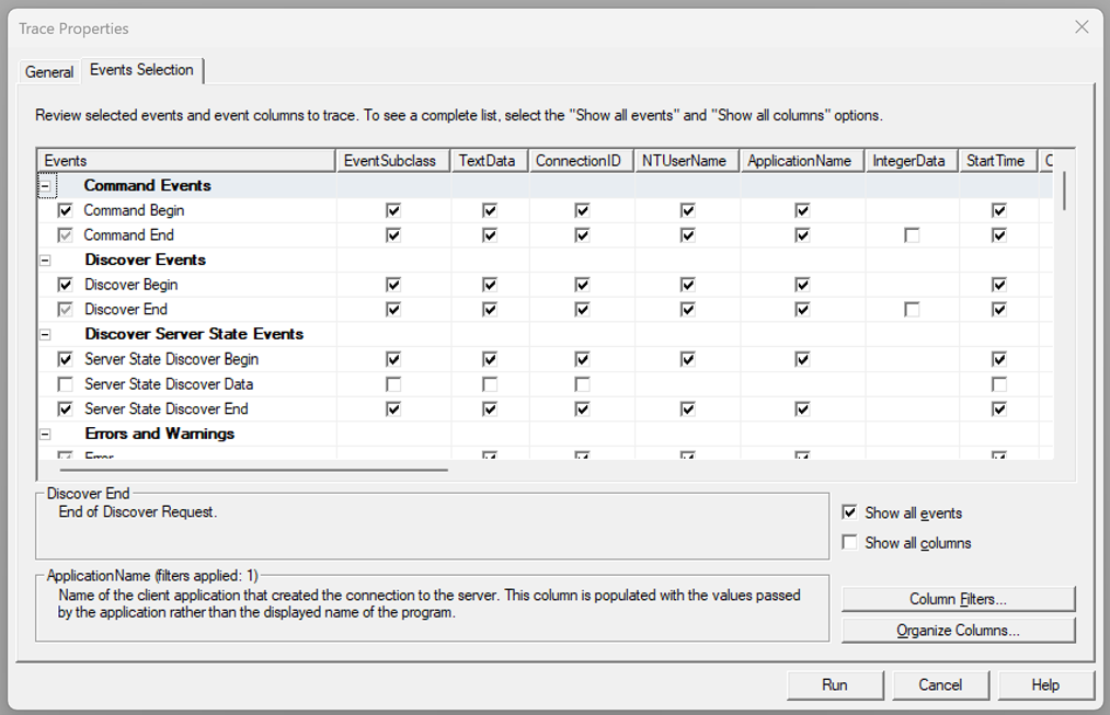 Captura de pantalla en la que se muestra la selección de eventos de procesamiento de consultas en SQL Server Profiler.