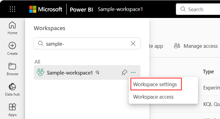 Captura de pantalla que muestra la configuración Abrir área de trabajo en el panel de navegación.