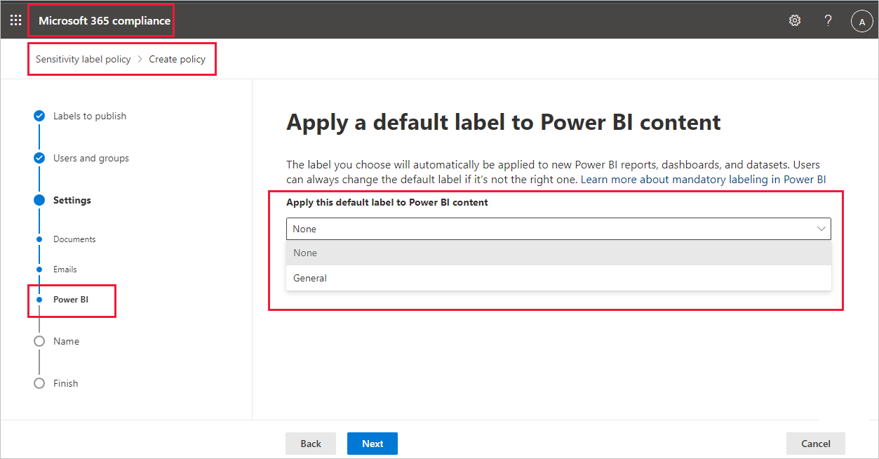 Captura de pantalla de la configuración de etiquetas predeterminadas en el portal de cumplimiento de Microsoft.