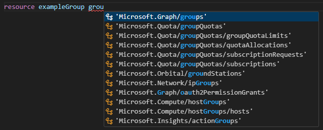 Captura de pantalla de la selección de grupos de Microsoft Graph para el tipo de recurso.