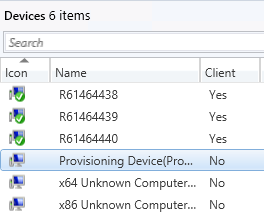 El nodo Dispositivos de la consola de Configuration Manager ordenado por la columna Icono.