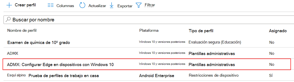 La captura de pantalla de la configuración de la directiva ADMX se muestra en la lista de perfiles de configuración de dispositivos en Microsoft Intune y el Centro de administración de Intune.