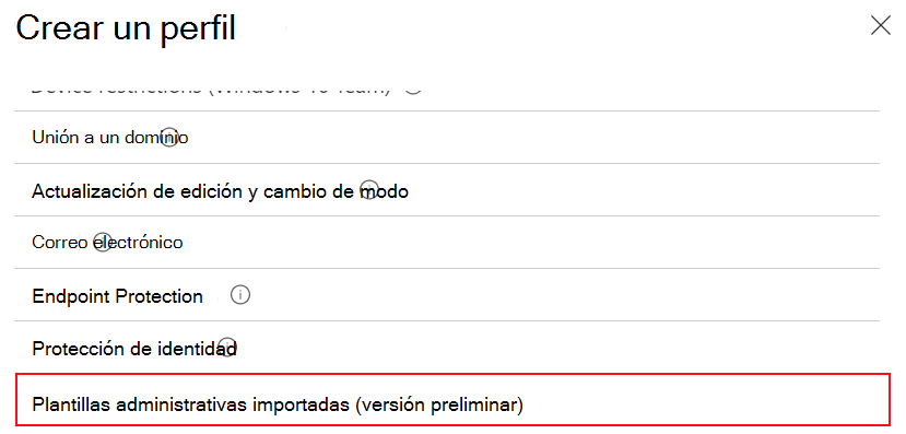 Captura de pantalla que muestra cómo seleccionar plantillas administrativas importadas para crear un perfil de configuración de dispositivo mediante la configuración de ADMX importada en Microsoft Intune y el Centro de administración de Intune.