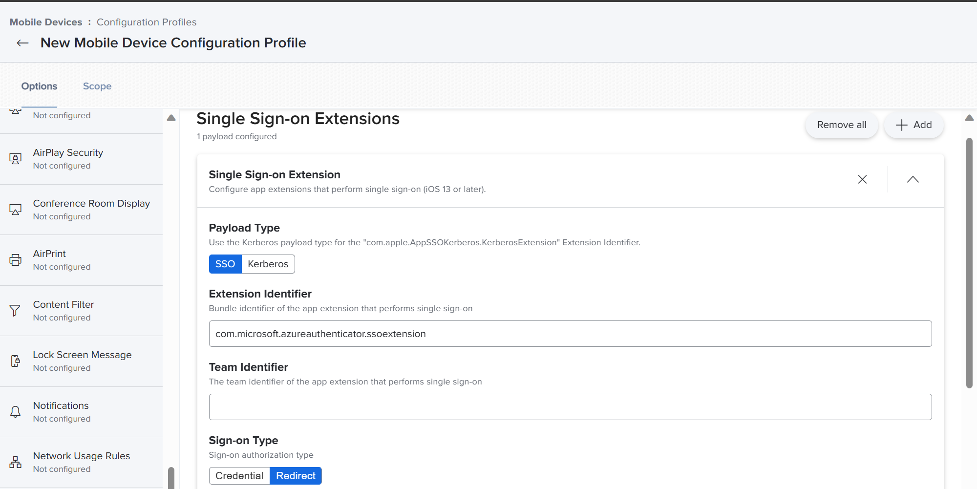 Captura de pantalla que muestra el portal de Jamf Pro y el tipo de carga útil, el identificador de extensión, el identificador de equipo y la configuración del tipo de SSO para dispositivos iOS/iPadOS.