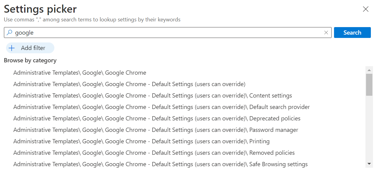 Captura de pantalla que muestra la configuración de Google Chrome en el catálogo de configuración integrado en Microsoft Intune y el Centro de administración de Intune. Use esta configuración para crear y configurar una directiva de Google Chrome en dispositivos Windows.