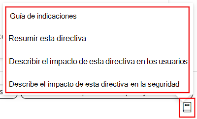 Captura de pantalla que muestra la guía de avisos de directivas de Copilot y una lista de los avisos disponibles en el catálogo de configuración de Microsoft Intune y el Centro de administración de Intune.