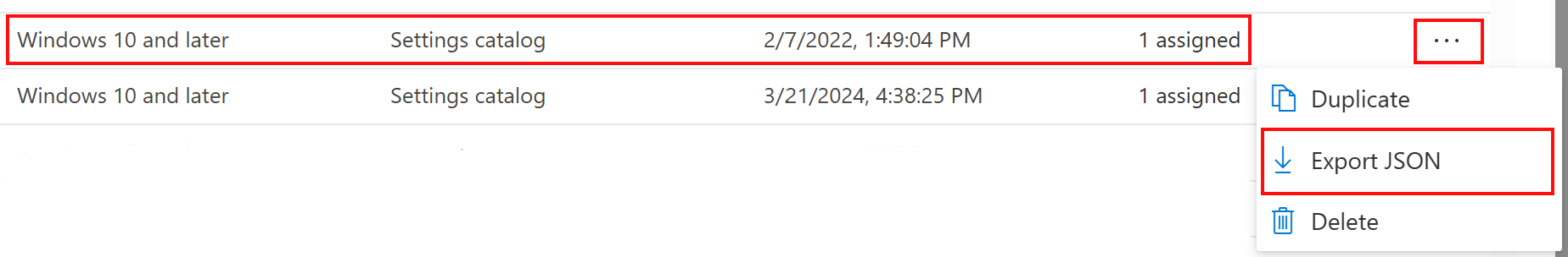 Captura de pantalla que muestra cómo exportar una directiva de catálogo de configuración como JSON en Microsoft Intune y el Centro de administración de Intune.