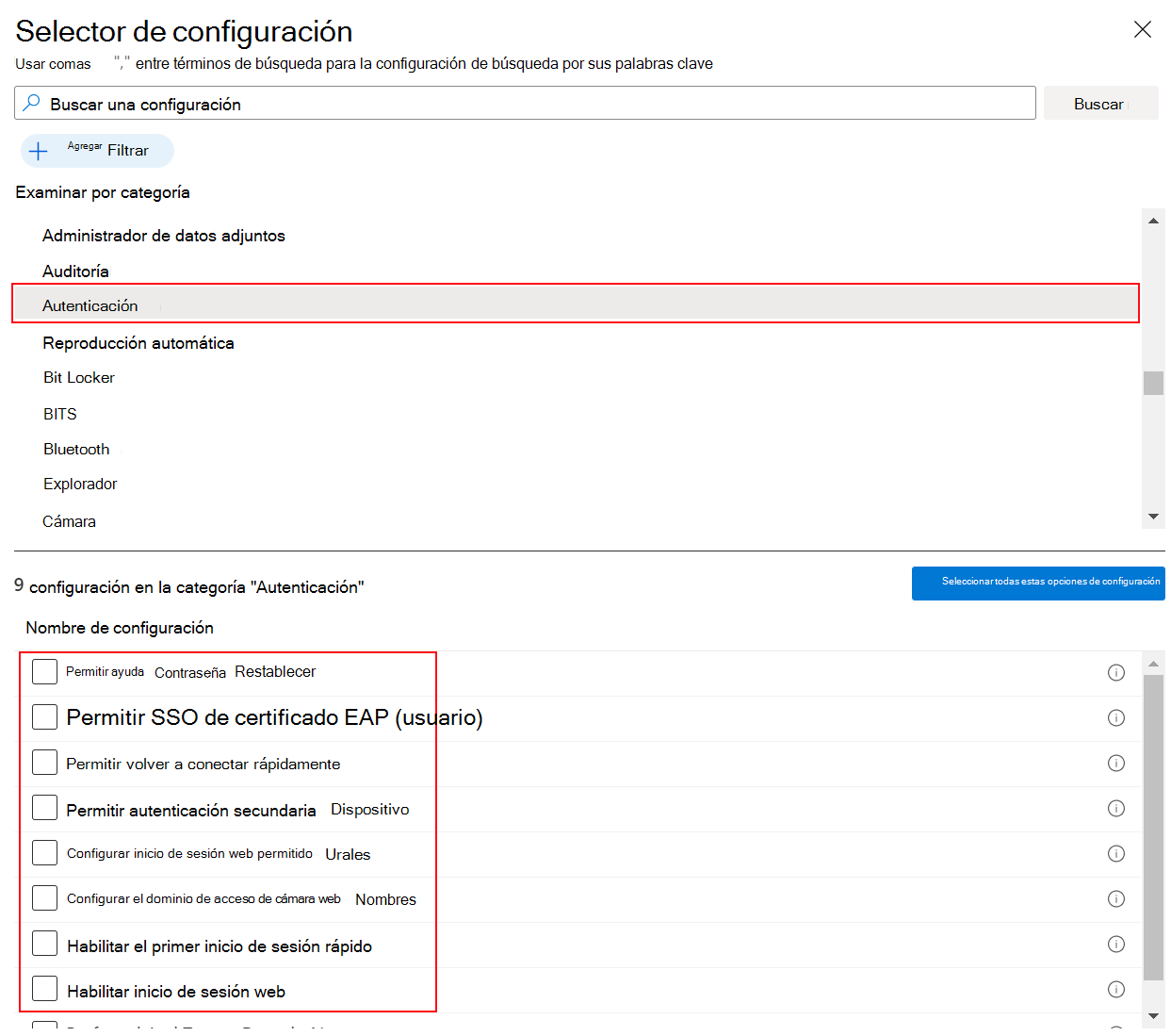 Captura de pantalla que muestra el catálogo de configuración al seleccionar Windows y autenticación en Microsoft Intune y el Centro de administración de Intune.