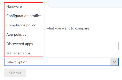 Captura de pantalla que muestra el símbolo del sistema de comparación de Copilot después de seleccionar un dispositivo en Microsoft Intune o en el Centro de administración de Intune.