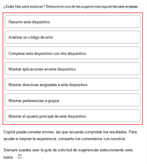 Captura de pantalla que muestra los mensajes de ejemplo de Copilot después de seleccionar un dispositivo en Microsoft Intune o en el Centro de administración de Intune.