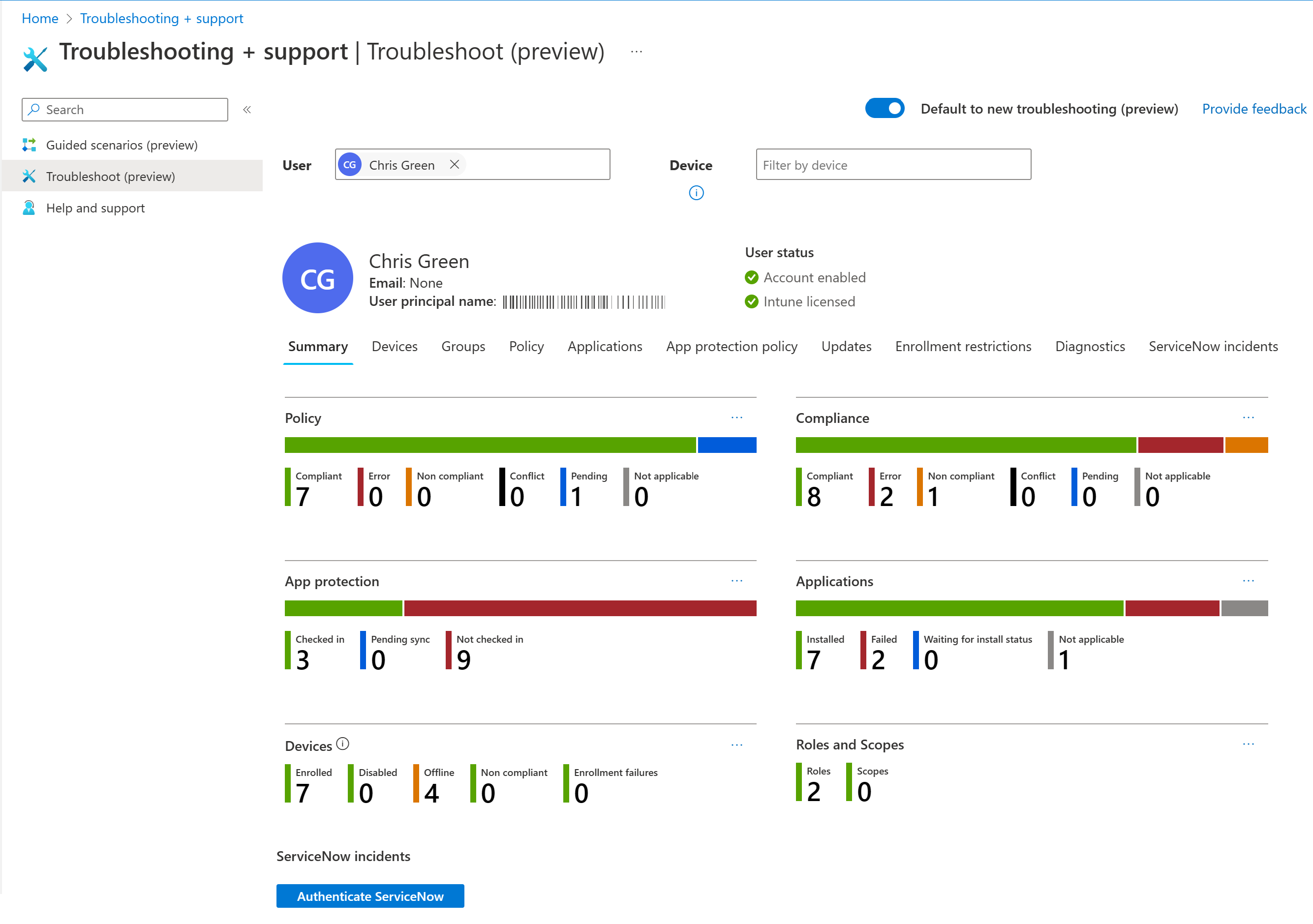 Captura de pantalla que muestra el panel de solución de problemas de Intune con la pestaña Resumen y los detalles del usuario seleccionados