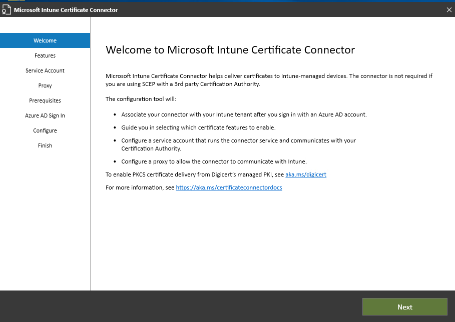 Página de bienvenida del asistente Certificate Connector para Microsoft Intune.