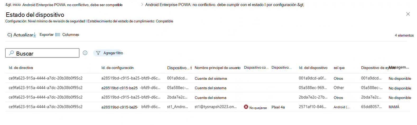 Captura de pantalla que muestra los resultados de la exploración en profundidad de un resultado de estado por configuración para ver los detalles de los dispositivos que han notificado ese estado.