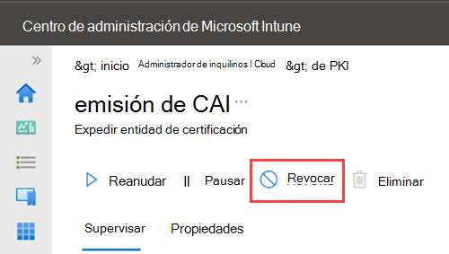 Captura de pantalla de ejemplo en la que se resalta la acción Revocar para la entidad de certificación.