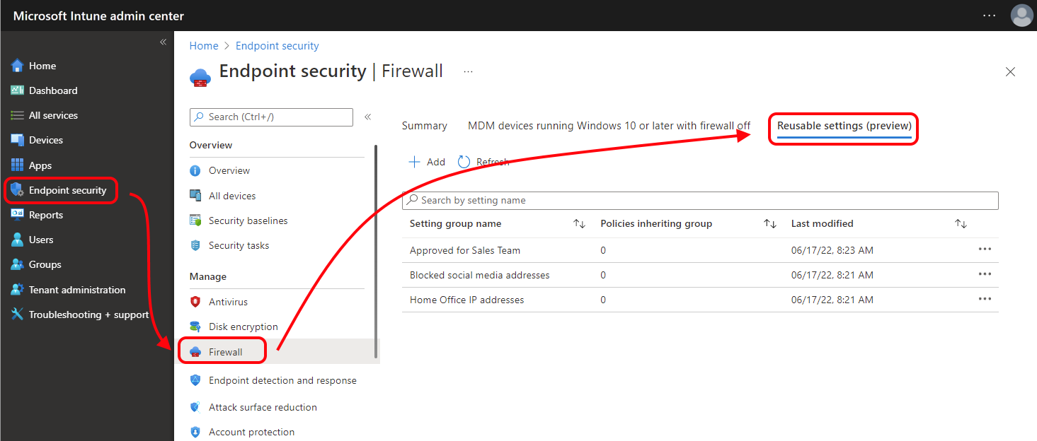 Captura de pantalla que muestra la pestaña Configuración reutilizable para directivas de firewall en el Centro de administración de Microsoft Intune.