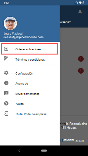 Imagen de ejemplo del menú Portal de empresa, resaltando el vínculo Obtener aplicaciones.