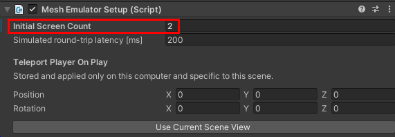 Captura de pantalla del componente Mesh Emulator Setup (Configuración del emulador de malla) con la propiedad Initial Screen Count establecida en dos.