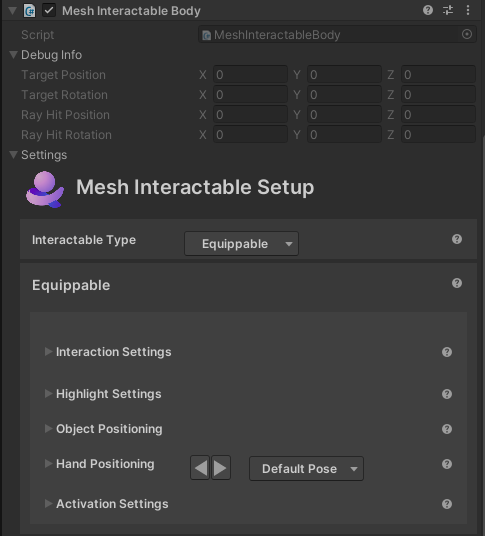 Captura de pantalla del componente Mesh Interactable Body (Cuerpo interactivo de malla).