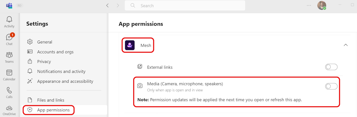 Cuadro de diálogo Permisos de la aplicación Mesh en la configuración de Teams