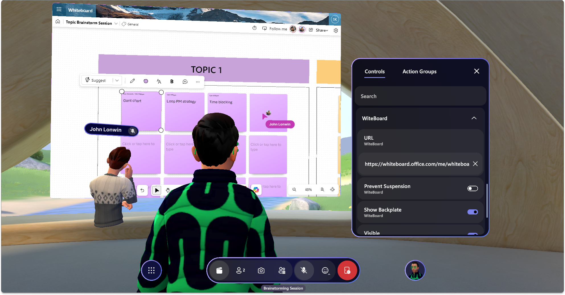 Captura de pantalla de un evento Mesh con un WebSlate que muestra Microsoft Whiteboard con dos avatares que interactúan con él.