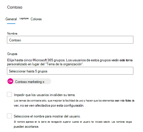 Captura de pantalla: pestaña General que muestra el tema predeterminado para un grupo de usuarios de la organización