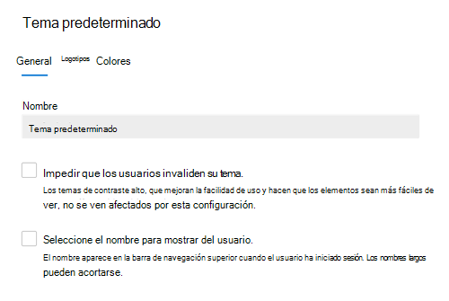 Captura de pantalla: pestaña General que muestra el tema predeterminado de la organización