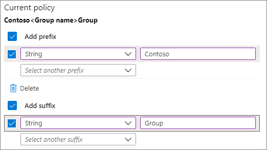 Captura de pantalla de la configuración de la directiva de nomenclatura de grupos en Microsoft Entra ID.