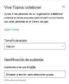 Captura de pantalla del panel de edición de la tarjeta Topics Contribute.