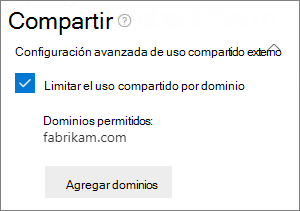 Captura de pantalla de la configuración en el nivel de sitio de dominios permitidos.