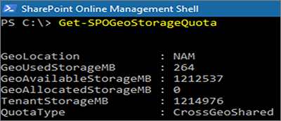 Captura de pantalla de la ventana de PowerShell que muestra Get-SPOGeoStorageQuota cmdlet.