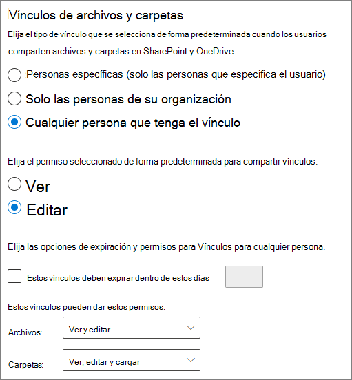 Captura de pantalla de la configuración de uso compartido de los archivos y carpetas de nivel de organización de SharePoint.