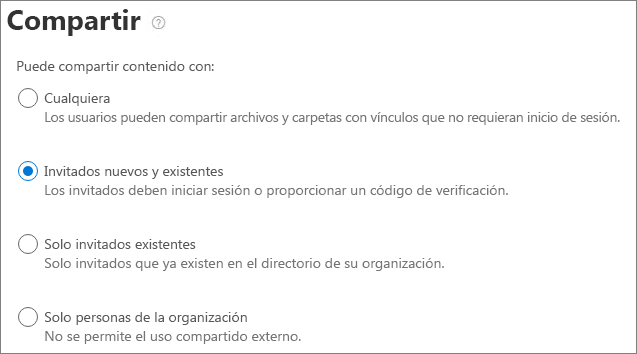 Captura de pantalla de la configuración de uso compartido externo del sitio de SharePoint.