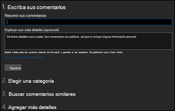 Captura de pantalla: página para escribir y resumir sus comentarios