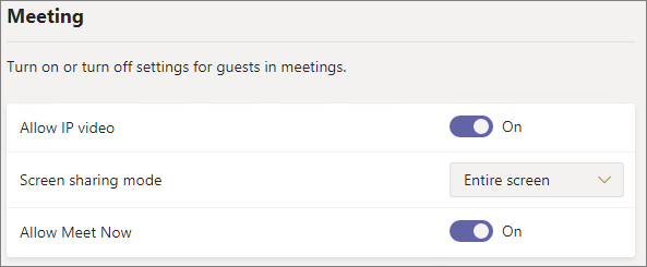 Captura de pantalla de la configuración de reunión de invitado de Teams.