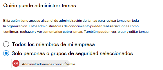 Captura de pantalla de la página Quién puede administrar temas.