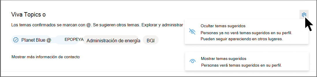 Captura de pantalla de una tarjeta de perfil que muestra la opción para quitar temas sugeridos