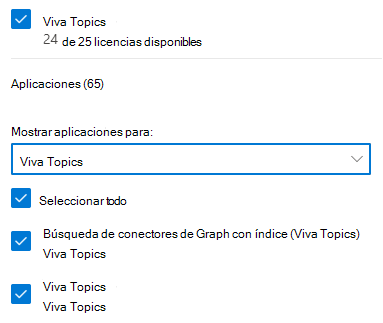 Microsoft Viva Topics licencias en el Centro de administración de Microsoft 365.