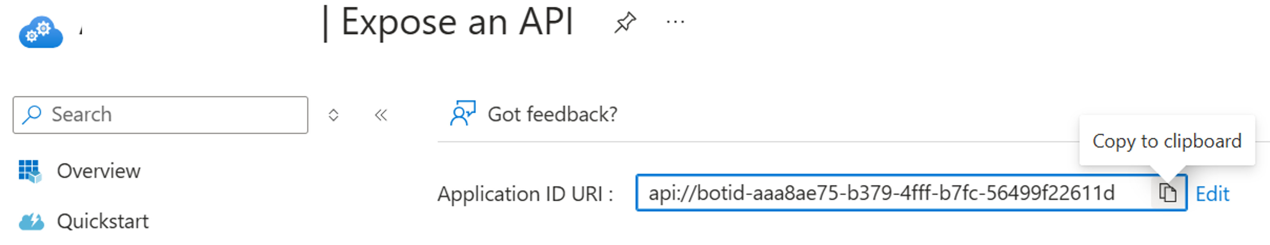 Captura de pantalla de dónde encontrar el URI de Id. de la aplicación en Azure Portal.