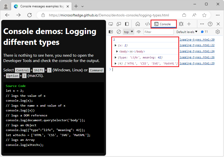 Variables de registro de diferentes tipos en la consola