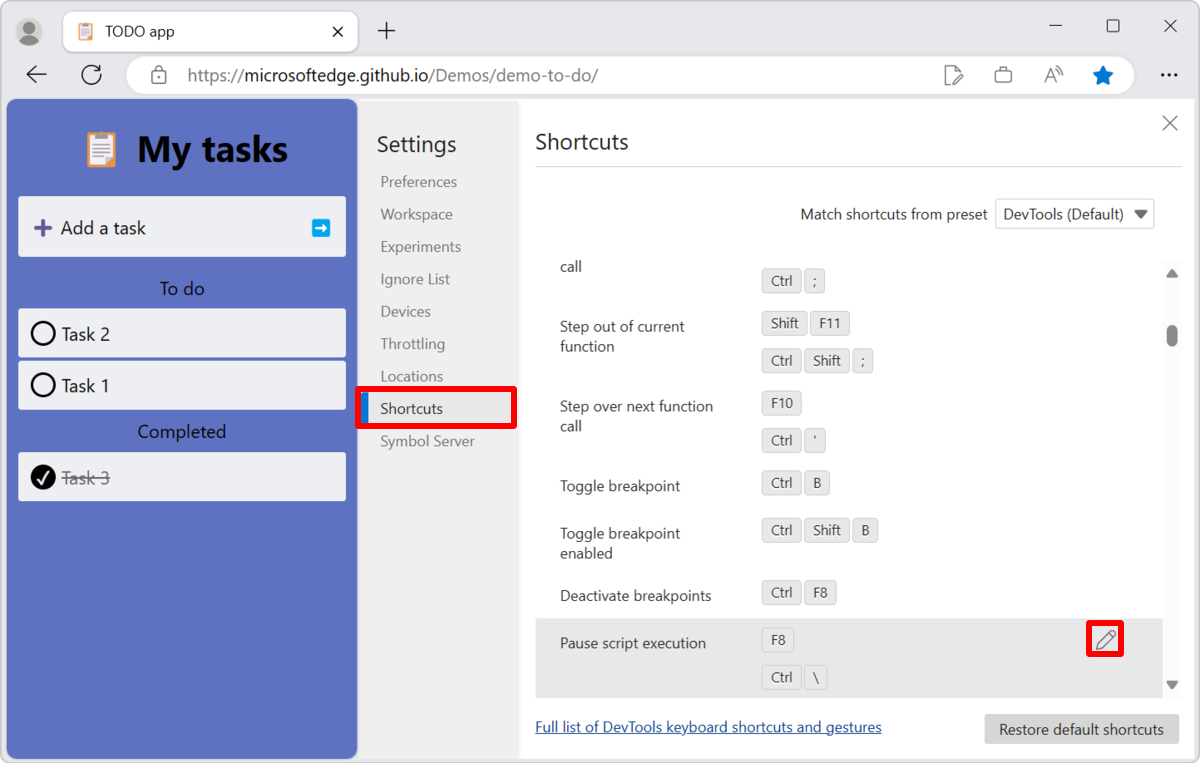 Seleccione la acción que se va a personalizar en la página Accesos directos de Configuración.