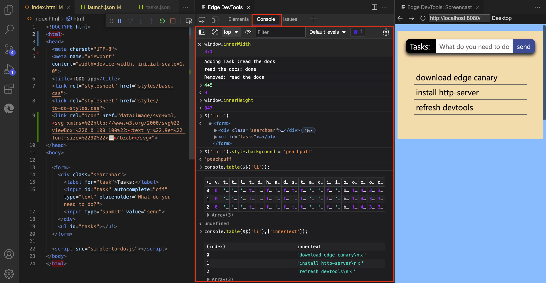 La herramienta Consola de la barra de herramientas principal de la extensión Microsoft Edge DevTools para Visual Studio Code