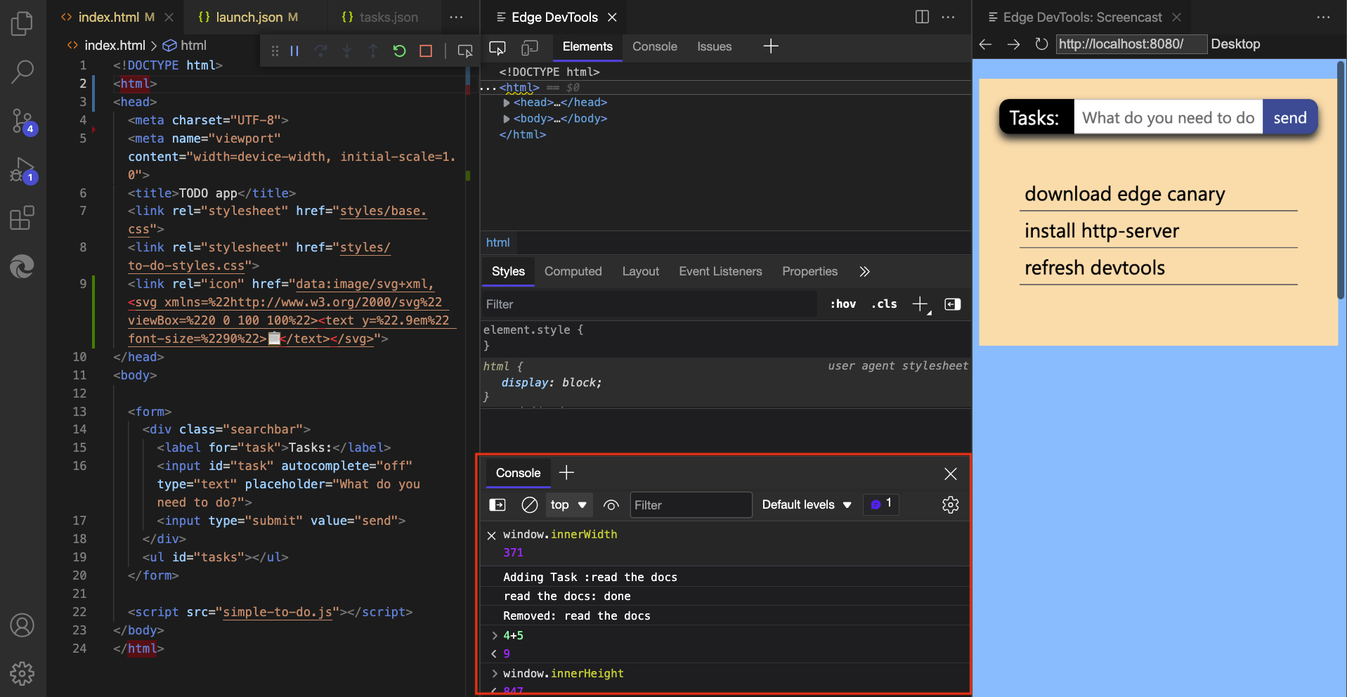 La herramienta Consola del cajón de la extensión Microsoft Edge DevTools para Visual Studio Code