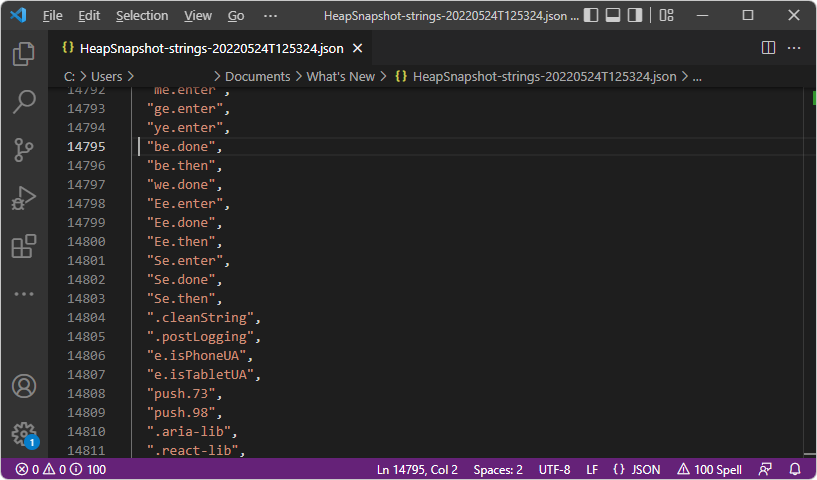 Cadenas de la instantánea del montón, en el archivo JSON