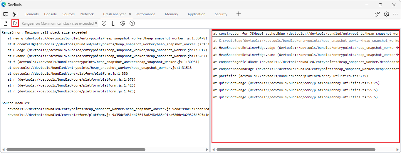 Uso de la herramienta Del analizador de bloqueos para depurar una excepción de JavaScript no mortal