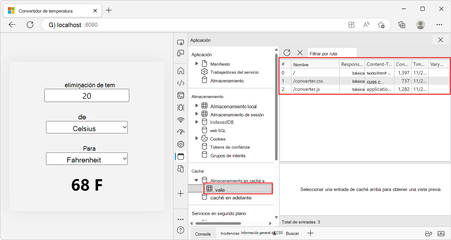 DevTools, que muestra dónde ver los recursos almacenados en caché