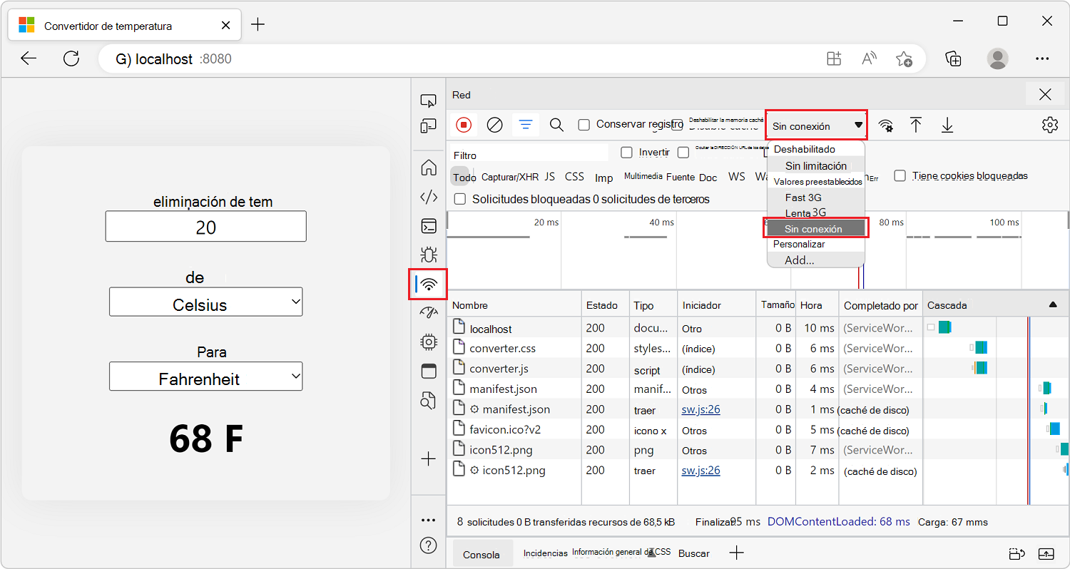 DevTools, que muestra dónde cambiar el valor de limitación a Sin conexión