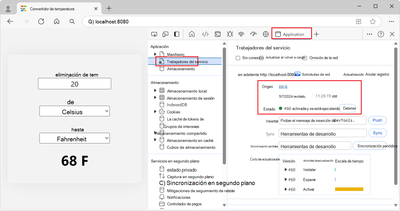 La herramienta DevTools Application, que muestra el panel Trabajadores del servicio, con el nuevo trabajo de sw.js en ejecución