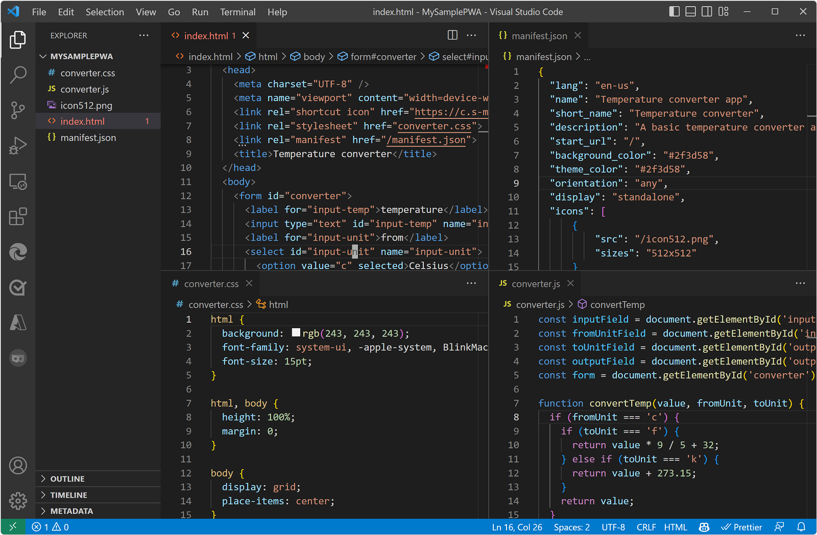 Proyecto PWA de ejemplo en Visual Studio Code, con los archivos index.html, converter.js, converter.css y manifest.json